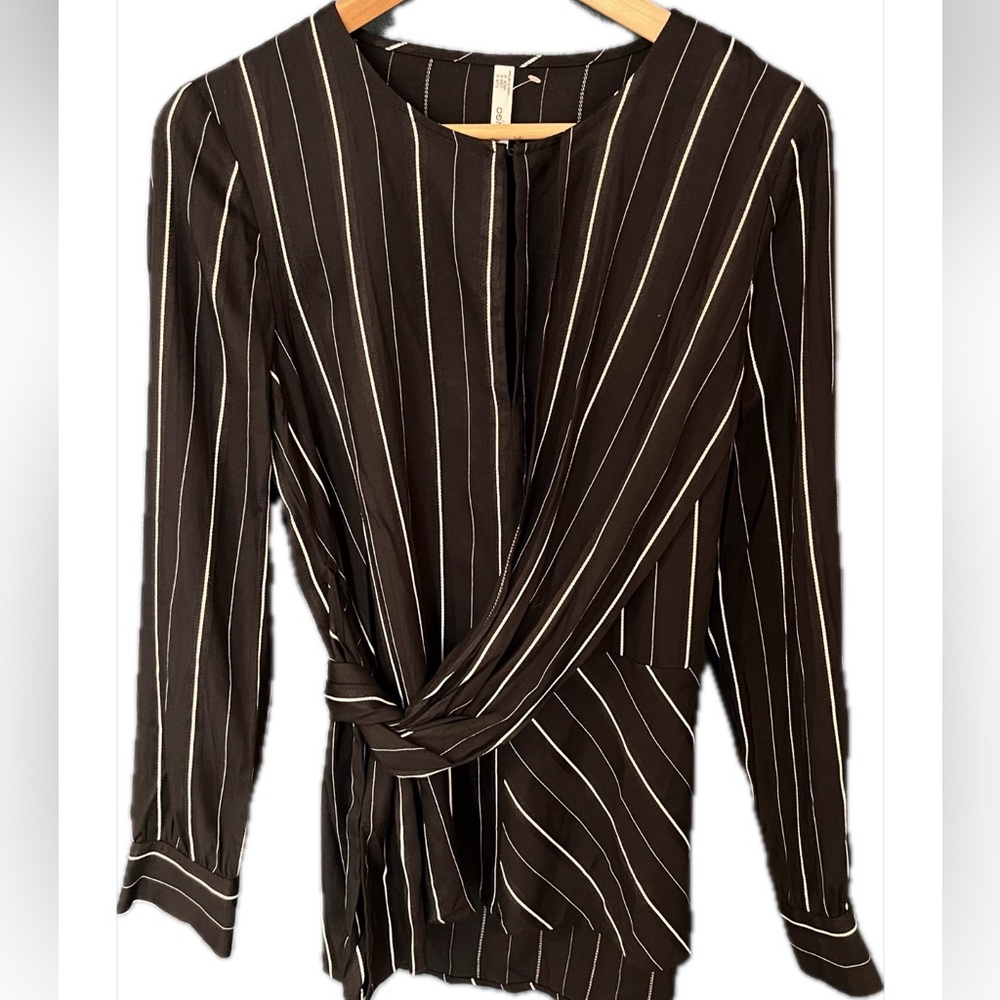 Mango Striped Belted Wrap Blouse Long Sleeve Black White NWT M